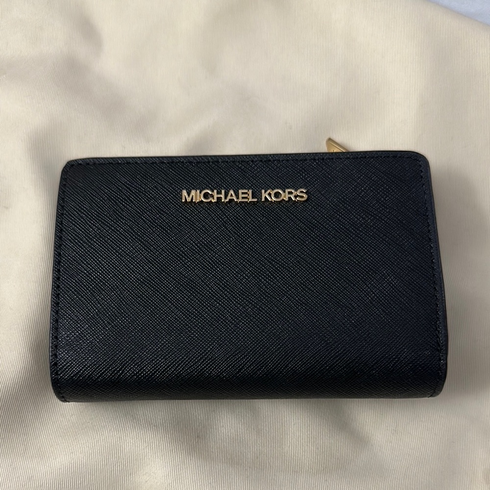 Michael Kors Black Crossgrain Leather Wallet with Gold Accents